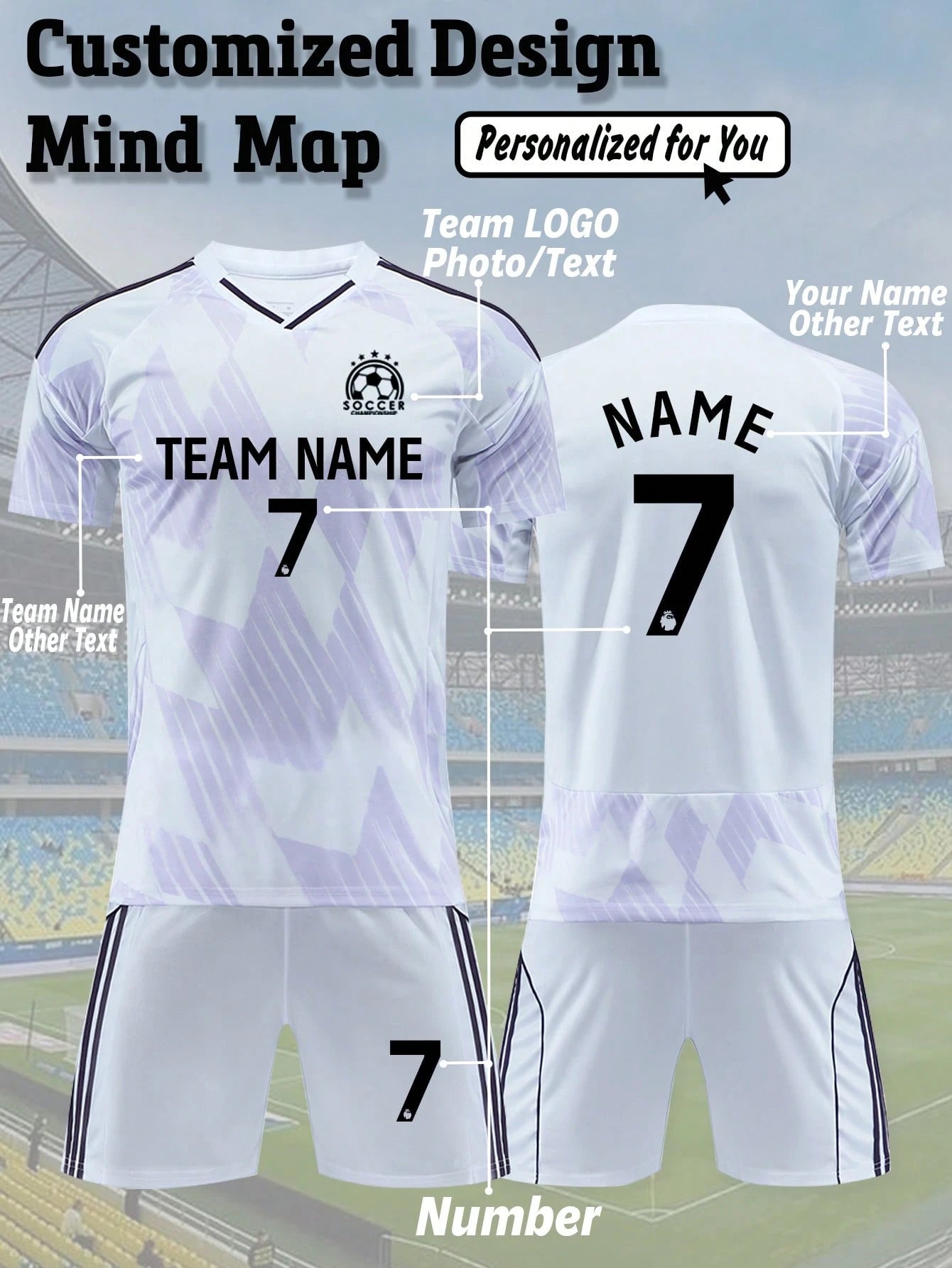 2pcs Personalized 26 Season Away Men's Soccer Jersey- Custom Name, Number & Logo Short Sleeve T-Shirt + Shorts Sports Set. Gift