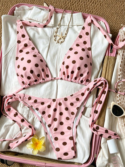 2pcs Polka Dot Elegant Halter Neck Back Tie Open Back Swimwear Top Waist Side Tie Bikini Bottoms Beach Pool Water Sports Seaside Women's Vacation Pink