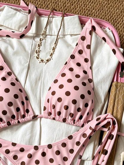 2pcs Polka Dot Elegant Halter Neck Back Tie Open Back Swimwear Top Waist Side Tie Bikini Bottoms Beach Pool Water Sports Seaside Women's Vacation Pink