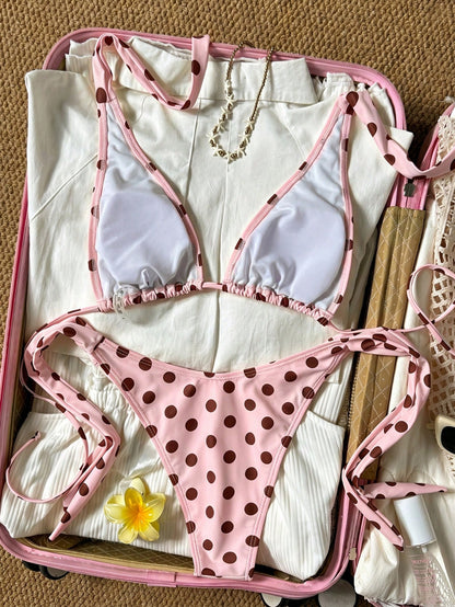2pcs Polka Dot Elegant Halter Neck Back Tie Open Back Swimwear Top Waist Side Tie Bikini Bottoms Beach Pool Water Sports Seaside Women's Vacation Pink