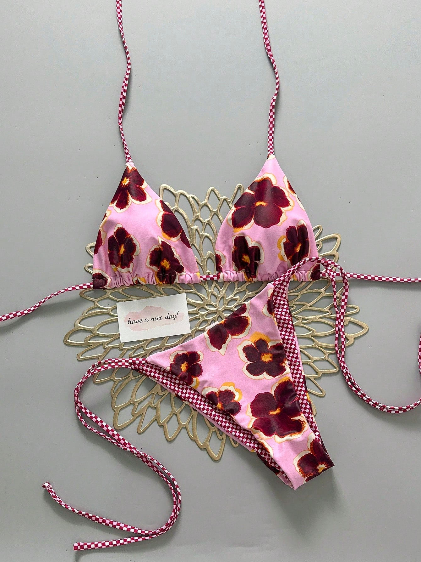 2pcs Retro Floral Colorblock Plaid Print Bikini Swimwear, Suitable For Beach, Pool, Cruise, Party In Spring And Summer Vacation, For Women