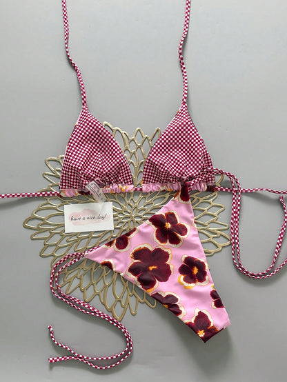2pcs Retro Floral Colorblock Plaid Print Bikini Swimwear, Suitable For Beach, Pool, Cruise, Party In Spring And Summer Vacation, For Women