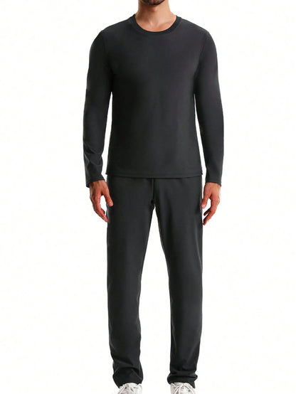 2pcs/Set 2024 New Men's Outdoor Running/Fitness Long Sleeve Top + Long Pants, Sweat Suit, With Zipper Waistband Fall