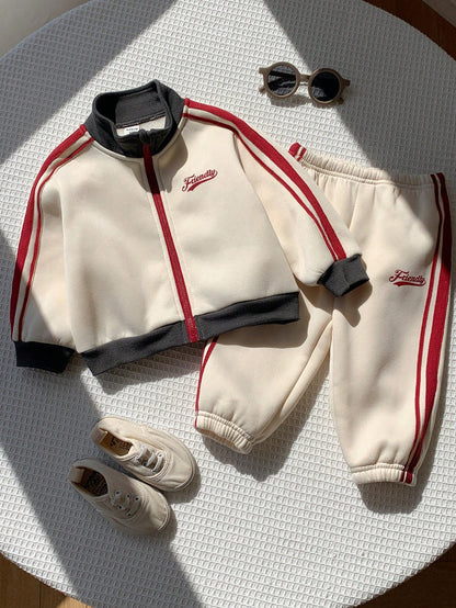 2pcs/Set Baby Boy Autumn/Winter Cute Colorblock Sporty Stand Collar Jacket & Pants Set, Infant Outfit, Autumn/Winter Set