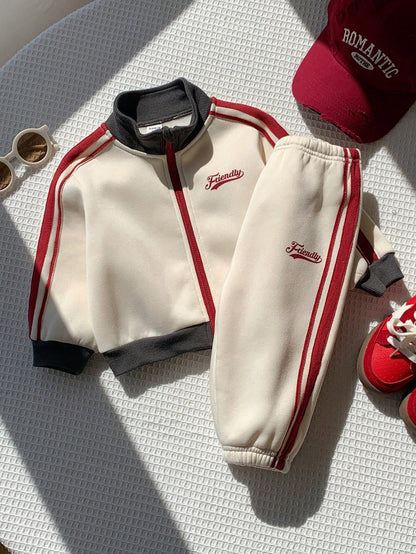 2pcs/Set Baby Boy Autumn/Winter Cute Colorblock Sporty Stand Collar Jacket & Pants Set, Infant Outfit, Autumn/Winter Set
