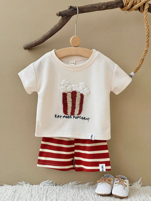 2pcs/Set Baby Boy Cake Embroidery Waffle Knit Short Sleeve T-Shirt + Striped Shorts, Spring/Summer