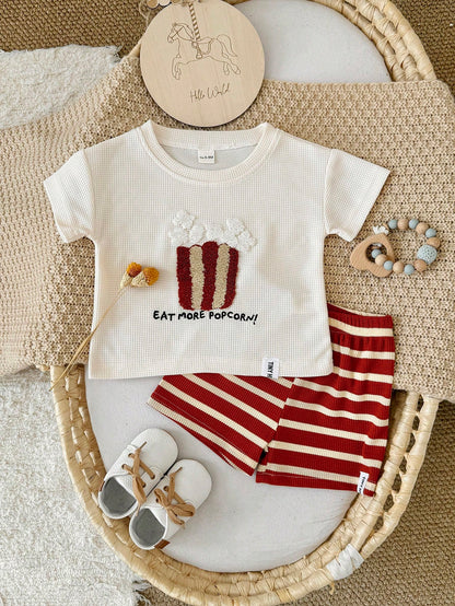 2pcs/Set Baby Boy Cake Embroidery Waffle Knit Short Sleeve T-Shirt + Striped Shorts, Spring/Summer