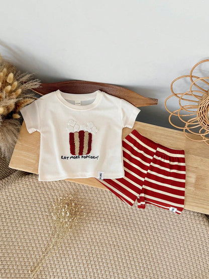 2pcs/Set Baby Boy Cake Embroidery Waffle Knit Short Sleeve T-Shirt + Striped Shorts, Spring/Summer
