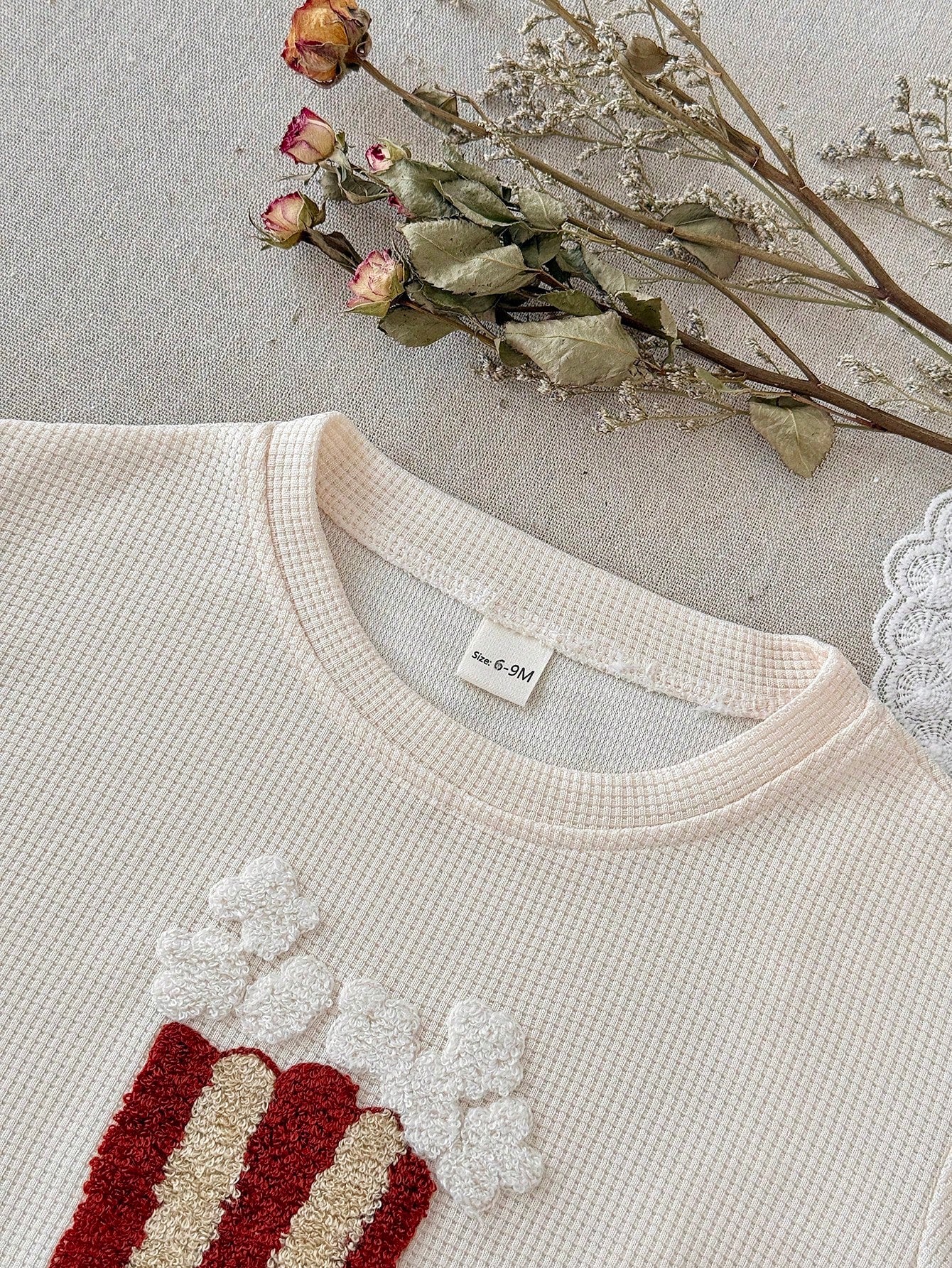 2pcs/Set Baby Boy Cake Embroidery Waffle Knit Short Sleeve T-Shirt + Striped Shorts, Spring/Summer