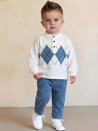 2pcs/Set Baby BoyCasual Cute Argyle Long Sleeve Polo Shirt And Blue Pants With Belt, Baby Boy Clothes, Outfits