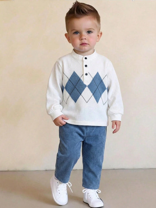 2pcs/Set Baby BoyCasual Cute Argyle Long Sleeve Polo Shirt And Blue Pants With Belt, Baby Boy Clothes, Outfits