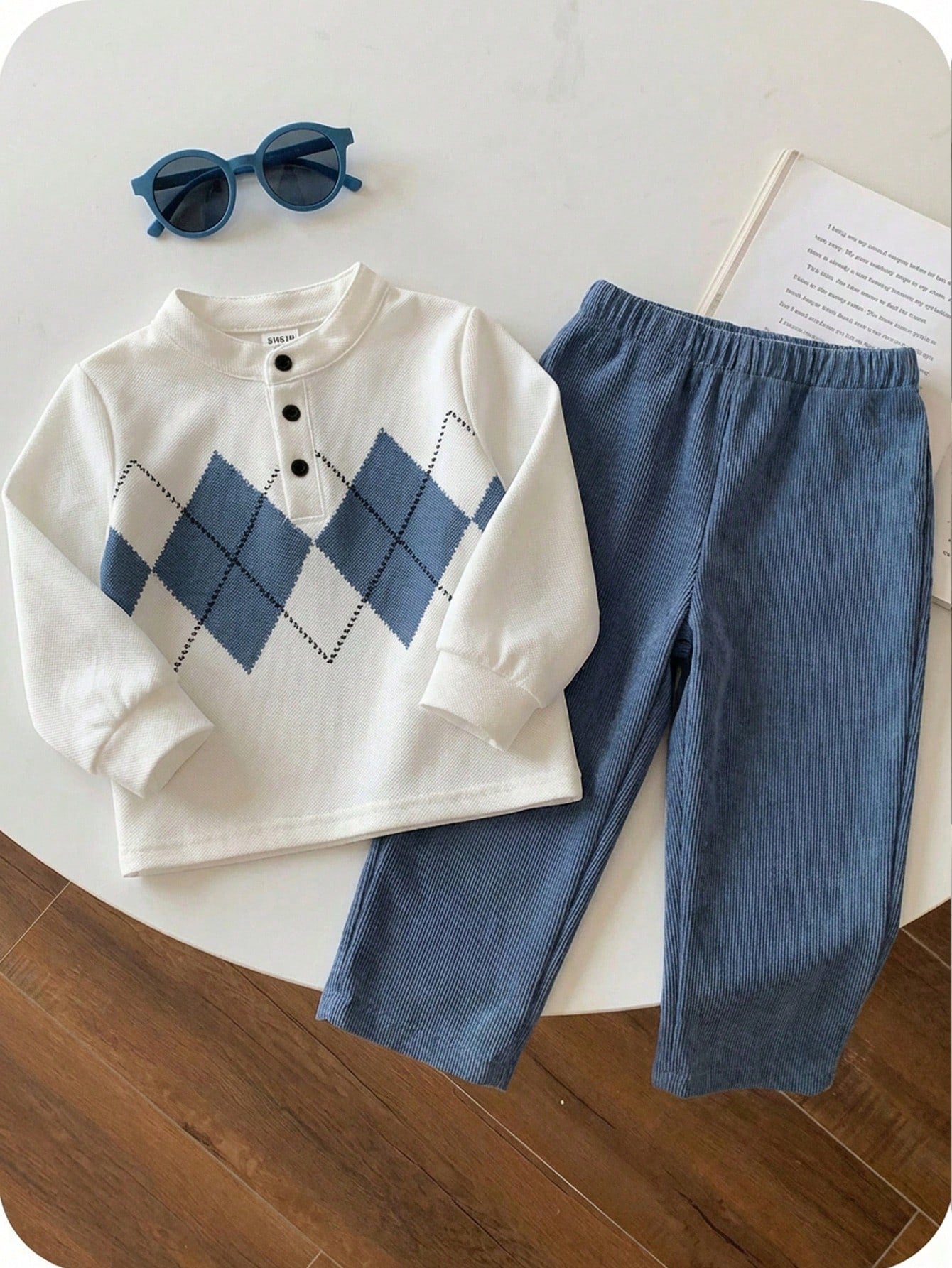 2pcs/Set Baby BoyCasual Cute Argyle Long Sleeve Polo Shirt And Blue Pants With Belt, Baby Boy Clothes, Outfits
