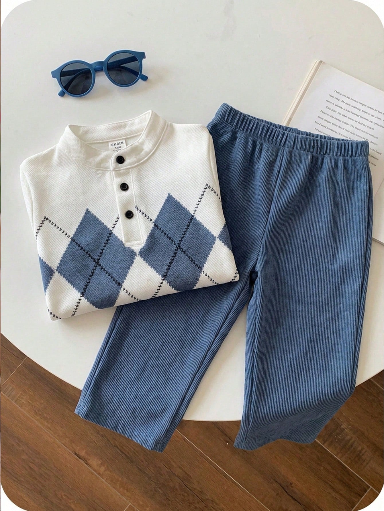2pcs/Set Baby BoyCasual Cute Argyle Long Sleeve Polo Shirt And Blue Pants With Belt, Baby Boy Clothes, Outfits