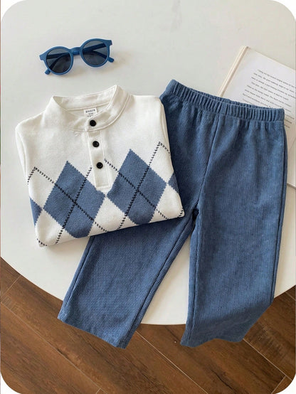 2pcs/Set Baby BoyCasual Cute Argyle Long Sleeve Polo Shirt And Blue Pants With Belt, Baby Boy Clothes, Outfits