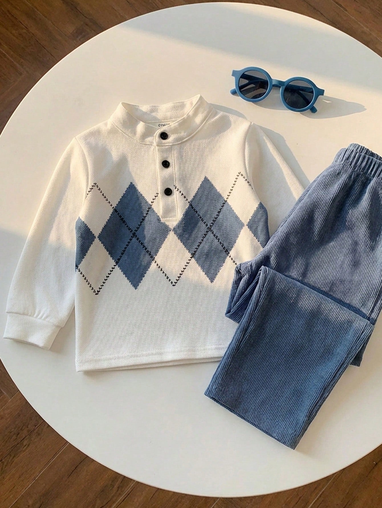 2pcs/Set Baby BoyCasual Cute Argyle Long Sleeve Polo Shirt And Blue Pants With Belt, Baby Boy Clothes, Outfits