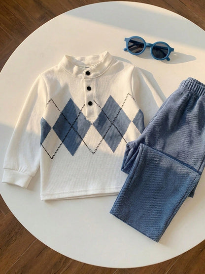 2pcs/Set Baby BoyCasual Cute Argyle Long Sleeve Polo Shirt And Blue Pants With Belt, Baby Boy Clothes, Outfits