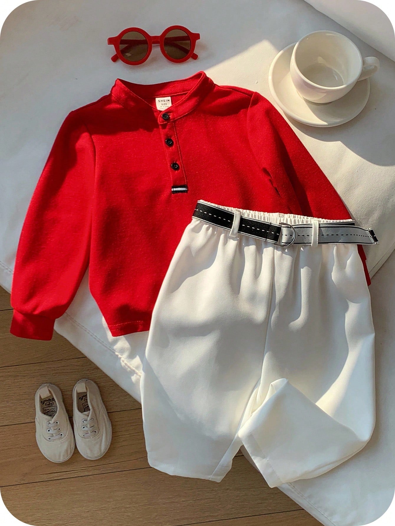 2pcs/Set Baby BoyCasual Cute Argyle Long Sleeve Polo Shirt And Blue Pants With Belt, Baby Boy Clothes, Outfits