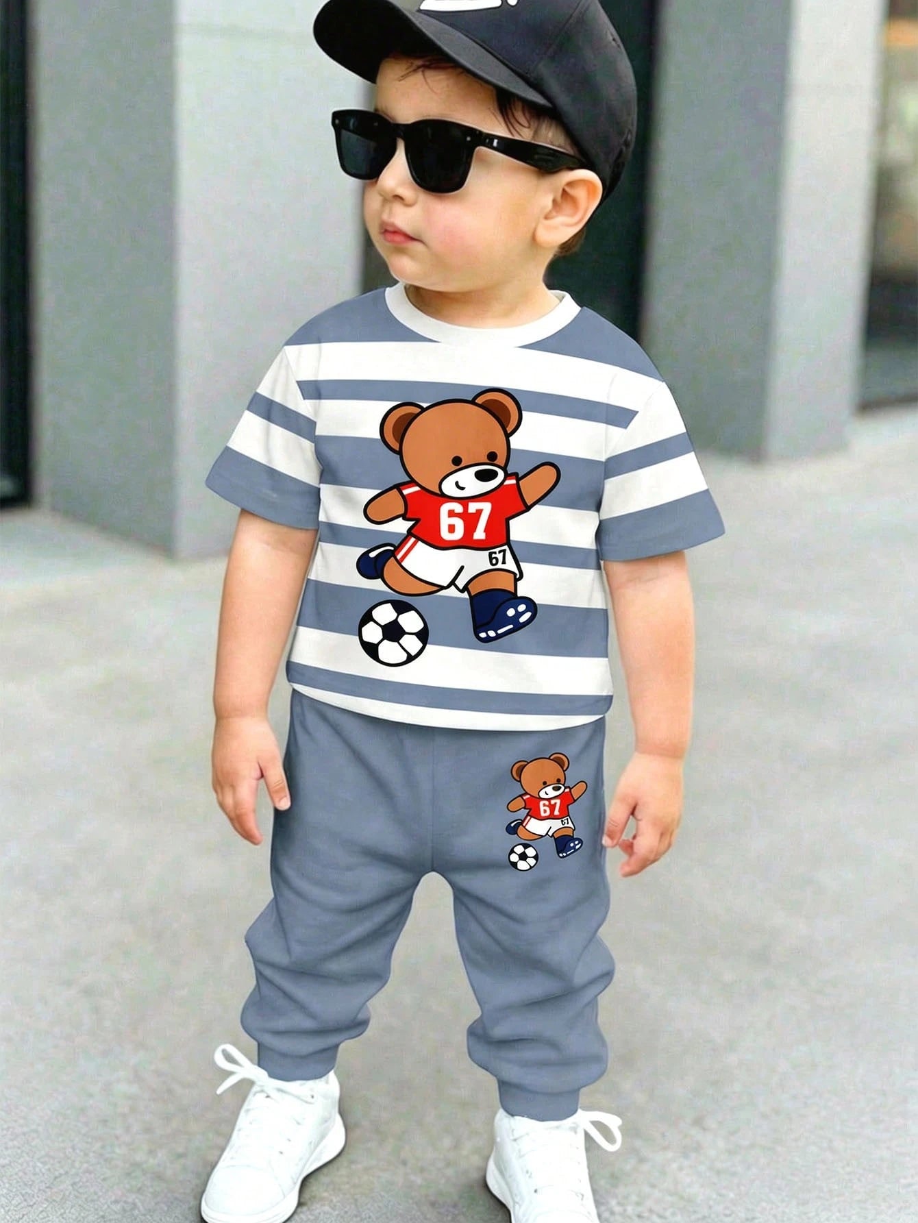 2pcs/Set Baby Boys Loose Casual Sports Outfit,Short Sleeve T-Shirt And Pants,Suitable For Spring&Summer,Classic Striped Print Cute Bear Size 6-7