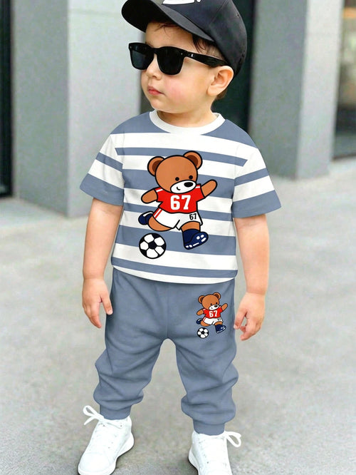 2pcs/Set Baby Boys Loose Casual Sports Outfit,Short Sleeve T-Shirt And Pants,Suitable For Spring&Summer,Classic Striped Print Cute Bear Size 6-7