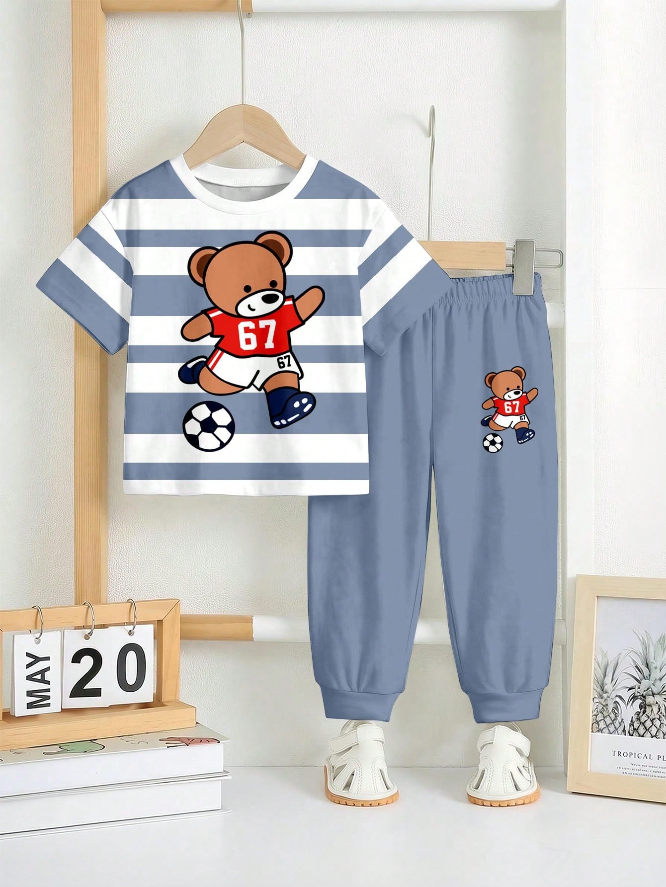 2pcs/Set Baby Boys Loose Casual Sports Outfit,Short Sleeve T-Shirt And Pants,Suitable For Spring&Summer,Classic Striped Print Cute Bear Size 6-7