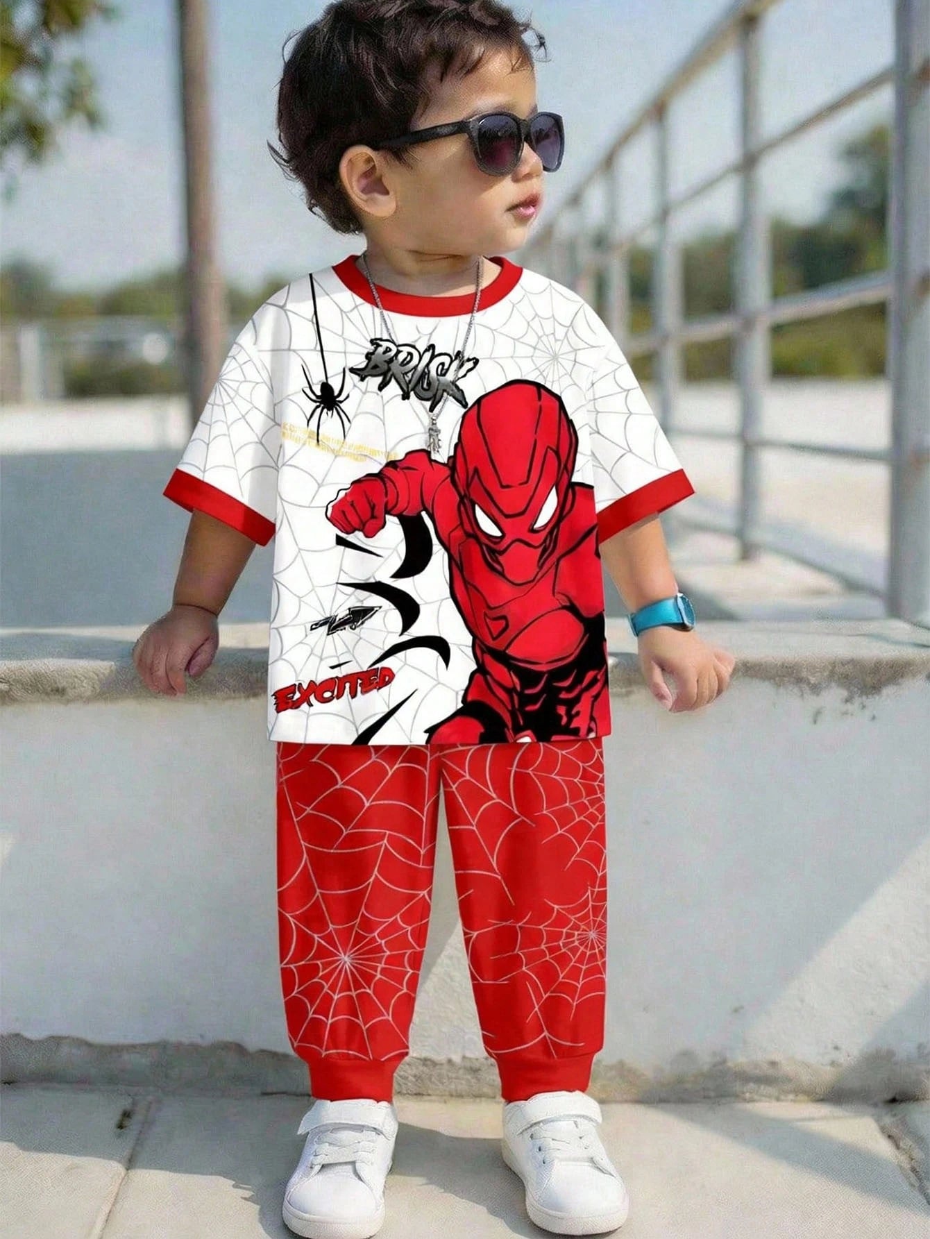 2pcs/Set Baby Boys Loose Casual Sports Outfit,Short Sleeve T-Shirt And Pants,Suitable For Spring&Summer,Classic Striped Print Cute Bear Size 6-7