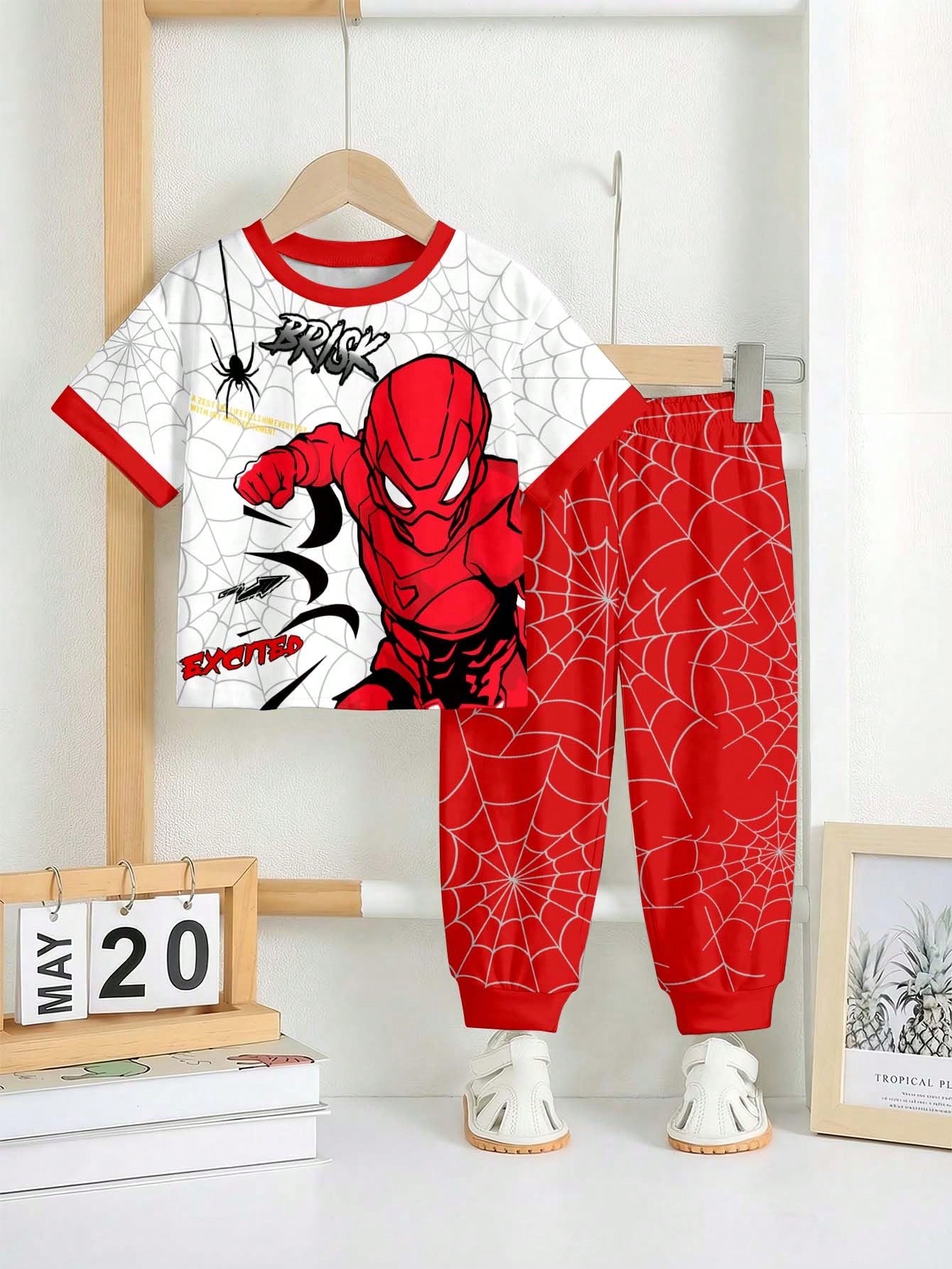 2pcs/Set Baby Boys Loose Casual Sports Outfit,Short Sleeve T-Shirt And Pants,Suitable For Spring&Summer,Classic Striped Print Cute Bear Size 6-7