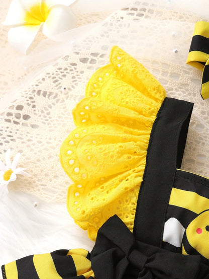 2pcs/Set, Baby Girl, Casual Elegant Cute, Fun Cartoon Bee Print, Bow Decoration, Embroidered Lace, Layered Ruffle Bodysuit And Headband, Baby Girl Clothing, Baby Girl Dress, Newborn Baby Girl Clothing