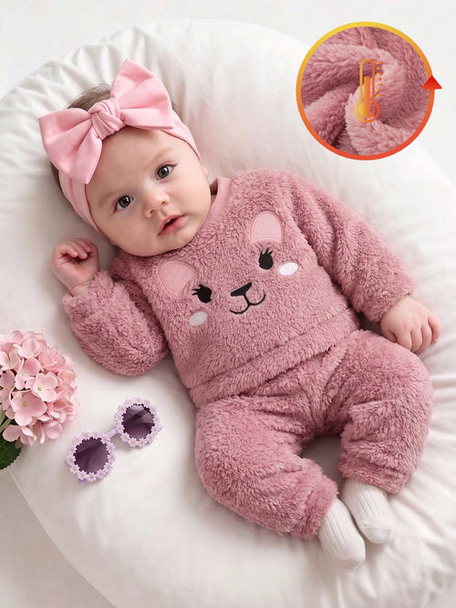 2pcs/Set Baby Girl Newborn Autumn/Winter Dusty Pink Soft Cute Playful Style Thick Coral Fleece 2 Pieces Set Applique Embroidery Cartoon Bear Top Pants