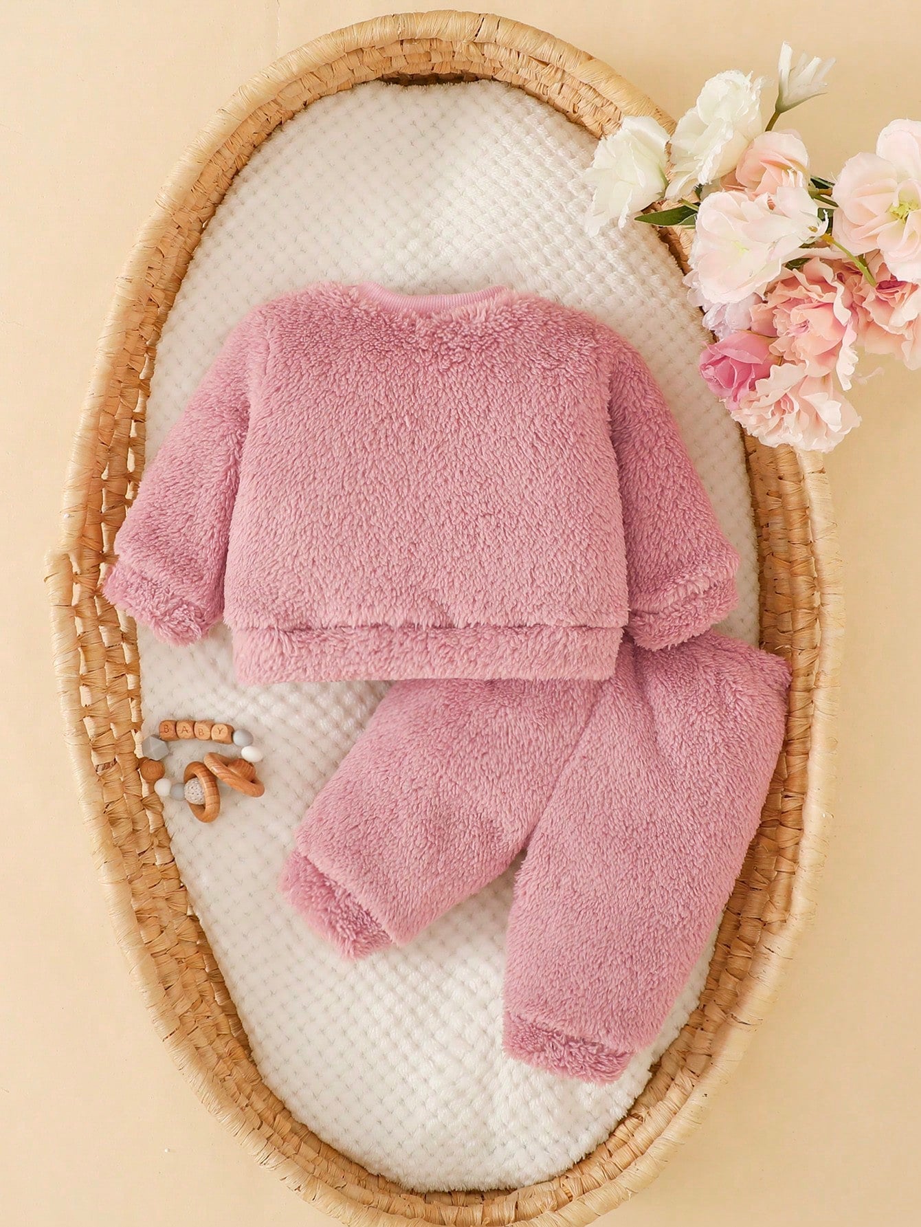 2pcs/Set Baby Girl Newborn Autumn/Winter Dusty Pink Soft Cute Playful Style Thick Coral Fleece 2 Pieces Set Applique Embroidery Cartoon Bear Top Pants