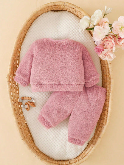 2pcs/Set Baby Girl Newborn Autumn/Winter Dusty Pink Soft Cute Playful Style Thick Coral Fleece 2 Pieces Set Applique Embroidery Cartoon Bear Top Pants