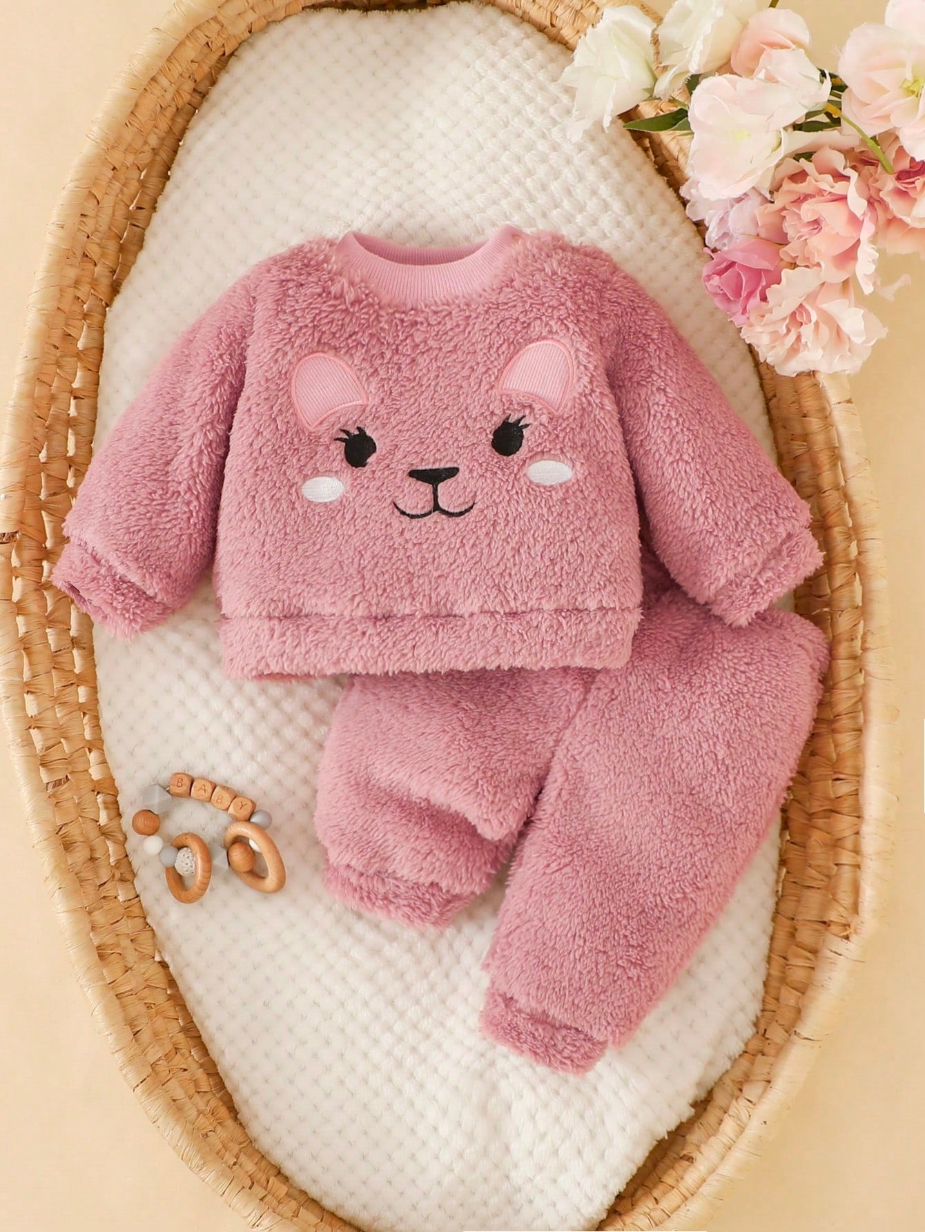 2pcs/Set Baby Girl Newborn Autumn/Winter Dusty Pink Soft Cute Playful Style Thick Coral Fleece 2 Pieces Set Applique Embroidery Cartoon Bear Top Pants