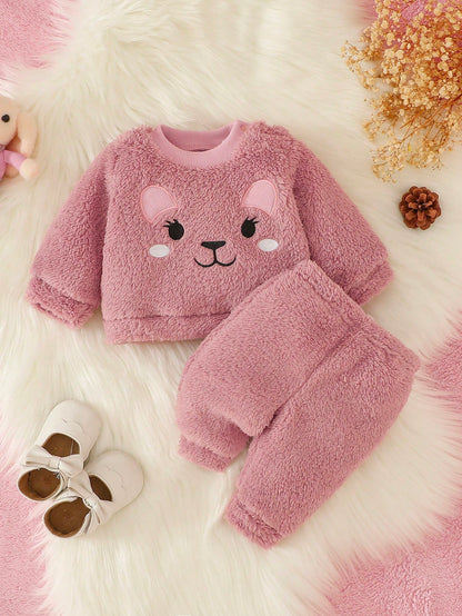 2pcs/Set Baby Girl Newborn Autumn/Winter Dusty Pink Soft Cute Playful Style Thick Coral Fleece 2 Pieces Set Applique Embroidery Cartoon Bear Top Pants