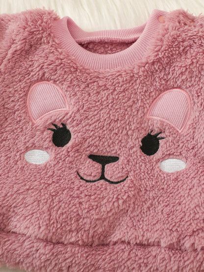2pcs/Set Baby Girl Newborn Autumn/Winter Dusty Pink Soft Cute Playful Style Thick Coral Fleece 2 Pieces Set Applique Embroidery Cartoon Bear Top Pants