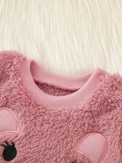 2pcs/Set Baby Girl Newborn Autumn/Winter Dusty Pink Soft Cute Playful Style Thick Coral Fleece 2 Pieces Set Applique Embroidery Cartoon Bear Top Pants