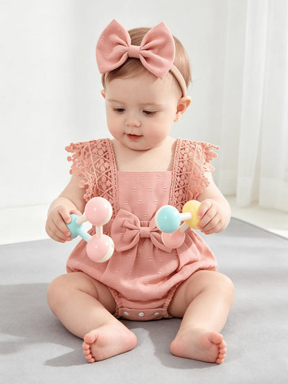 2pcs/Set,Baby Girl,Soft And Comfortable,Casual Fashion Sweet,Cute Square Neck Lace Embroidered Ruffle Jacquard Solid Color Romper And Bowknot Decorated Headband,Baby Girl Clothing,Newborn Baby Girl Cl