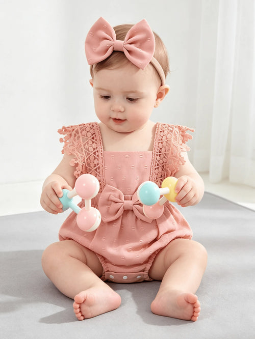 2pcs/Set,Baby Girl,Soft And Comfortable,Casual Fashion Sweet,Cute Square Neck Lace Embroidered Ruffle Jacquard Solid Color Romper And Bowknot Decorated Headband,Baby Girl Clothing,Newborn Baby Girl Cl