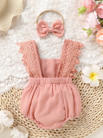 2pcs/Set,Baby Girl,Soft And Comfortable,Casual Fashion Sweet,Cute Square Neck Lace Embroidered Ruffle Jacquard Solid Color Romper And Bowknot Decorated Headband,Baby Girl Clothing,Newborn Baby Girl Cl