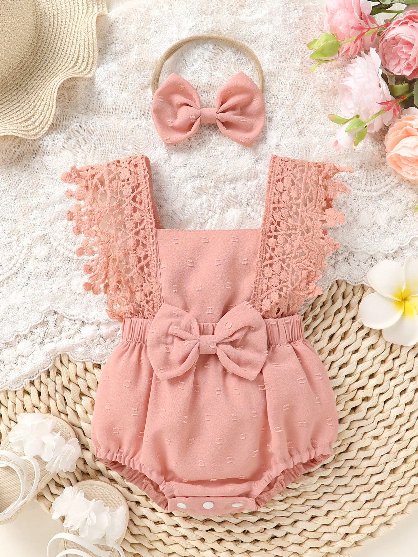 2pcs/Set,Baby Girl,Soft And Comfortable,Casual Fashion Sweet,Cute Square Neck Lace Embroidered Ruffle Jacquard Solid Color Romper And Bowknot Decorated Headband,Baby Girl Clothing,Newborn Baby Girl Cl