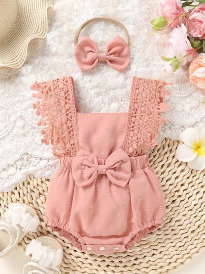 2pcs/Set,Baby Girl,Soft And Comfortable,Casual Fashion Sweet,Cute Square Neck Lace Embroidered Ruffle Jacquard Solid Color Romper And Bowknot Decorated Headband,Baby Girl Clothing,Newborn Baby Girl Cl