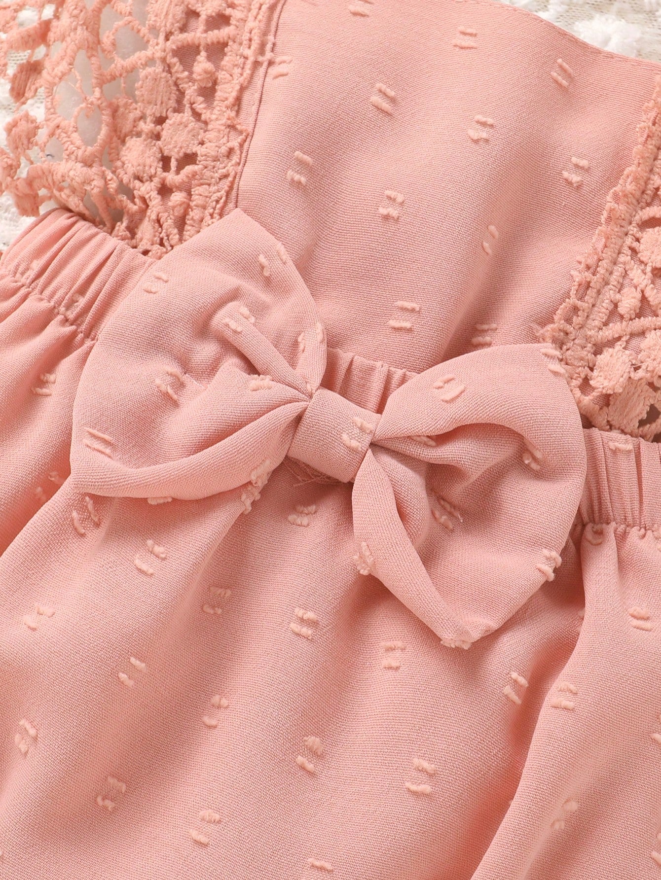 2pcs/Set,Baby Girl,Soft And Comfortable,Casual Fashion Sweet,Cute Square Neck Lace Embroidered Ruffle Jacquard Solid Color Romper And Bowknot Decorated Headband,Baby Girl Clothing,Newborn Baby Girl Cl