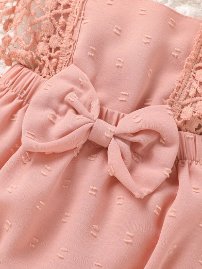 2pcs/Set,Baby Girl,Soft And Comfortable,Casual Fashion Sweet,Cute Square Neck Lace Embroidered Ruffle Jacquard Solid Color Romper And Bowknot Decorated Headband,Baby Girl Clothing,Newborn Baby Girl Cl