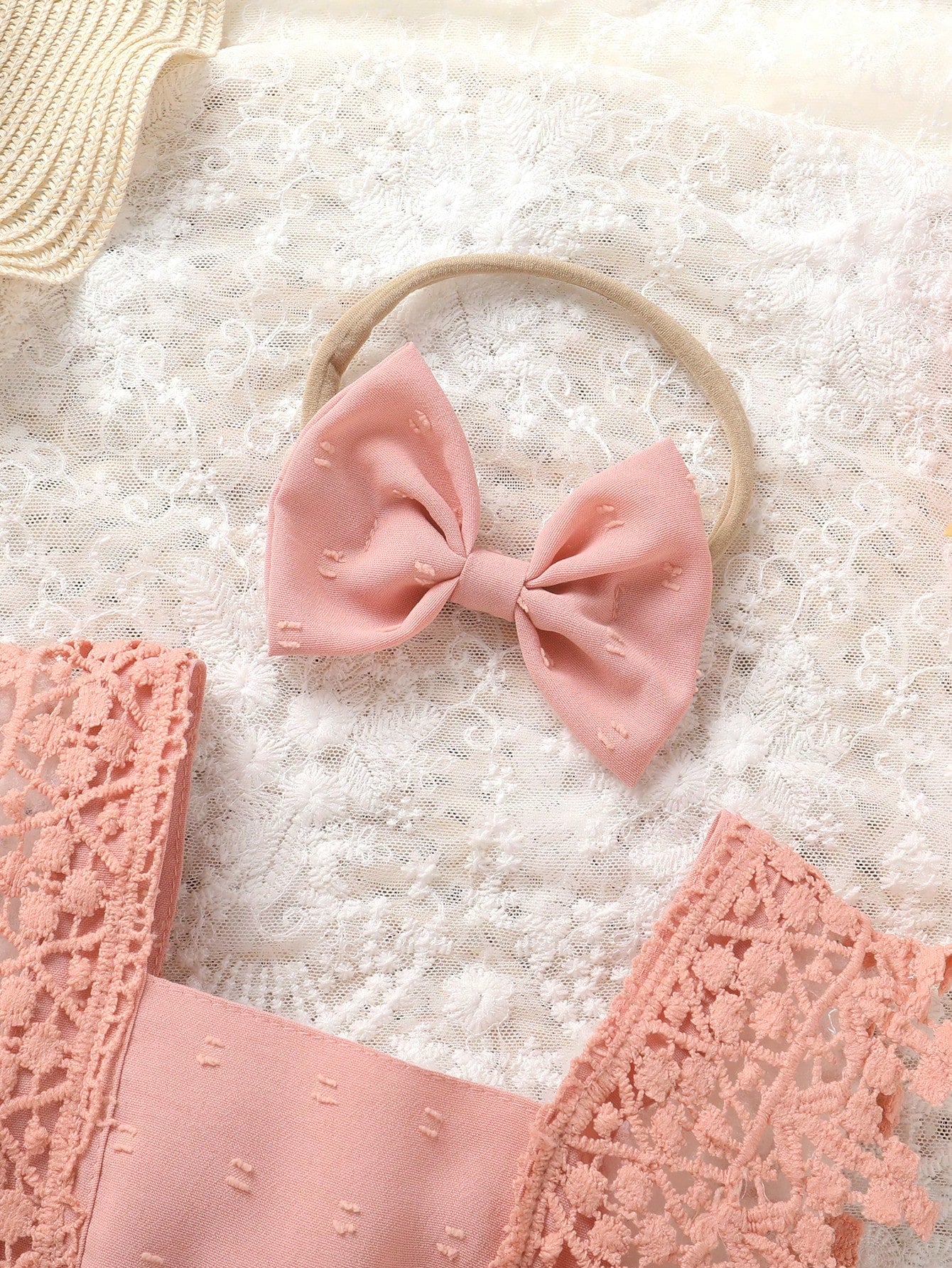 2pcs/Set,Baby Girl,Soft And Comfortable,Casual Fashion Sweet,Cute Square Neck Lace Embroidered Ruffle Jacquard Solid Color Romper And Bowknot Decorated Headband,Baby Girl Clothing,Newborn Baby Girl Cl