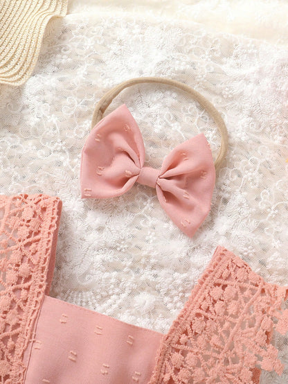 2pcs/Set,Baby Girl,Soft And Comfortable,Casual Fashion Sweet,Cute Square Neck Lace Embroidered Ruffle Jacquard Solid Color Romper And Bowknot Decorated Headband,Baby Girl Clothing,Newborn Baby Girl Cl