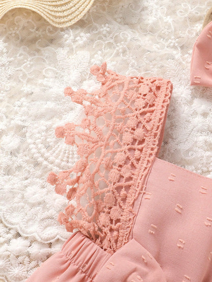 2pcs/Set,Baby Girl,Soft And Comfortable,Casual Fashion Sweet,Cute Square Neck Lace Embroidered Ruffle Jacquard Solid Color Romper And Bowknot Decorated Headband,Baby Girl Clothing,Newborn Baby Girl Cl