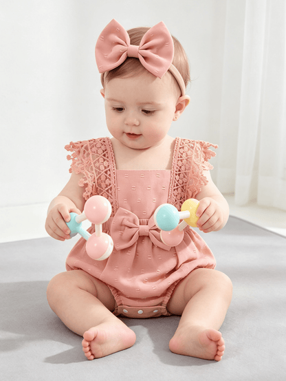 2pcs/Set,Baby Girl,Soft And Comfortable,Casual Fashion Sweet,Cute Square Neck Lace Embroidered Ruffle Jacquard Solid Color Romper And Bowknot Decorated Headband,Baby Girl Clothing,Newborn Baby Girl Cl