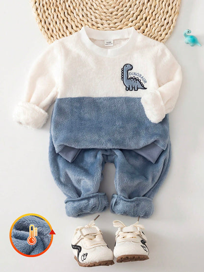 2pcs/Set Cute Winter Outfit For Baby Boys, Dinosaur English Graphic Top & Elastic Pants, White, Sibling Matching, Suitable For Autumn, 6 Months To 3 Years