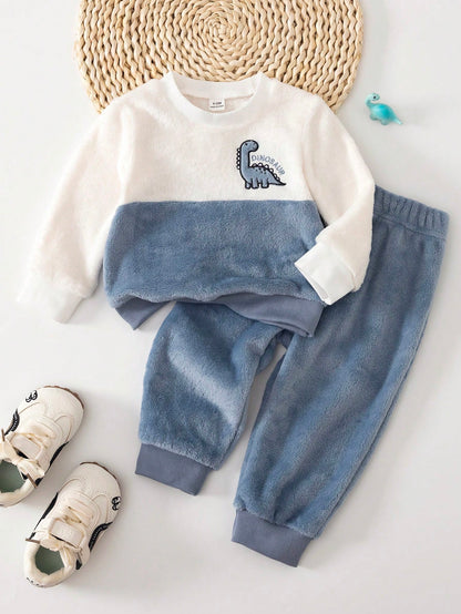 2pcs/Set Cute Winter Outfit For Baby Boys, Dinosaur English Graphic Top & Elastic Pants, White, Sibling Matching, Suitable For Autumn, 6 Months To 3 Years
