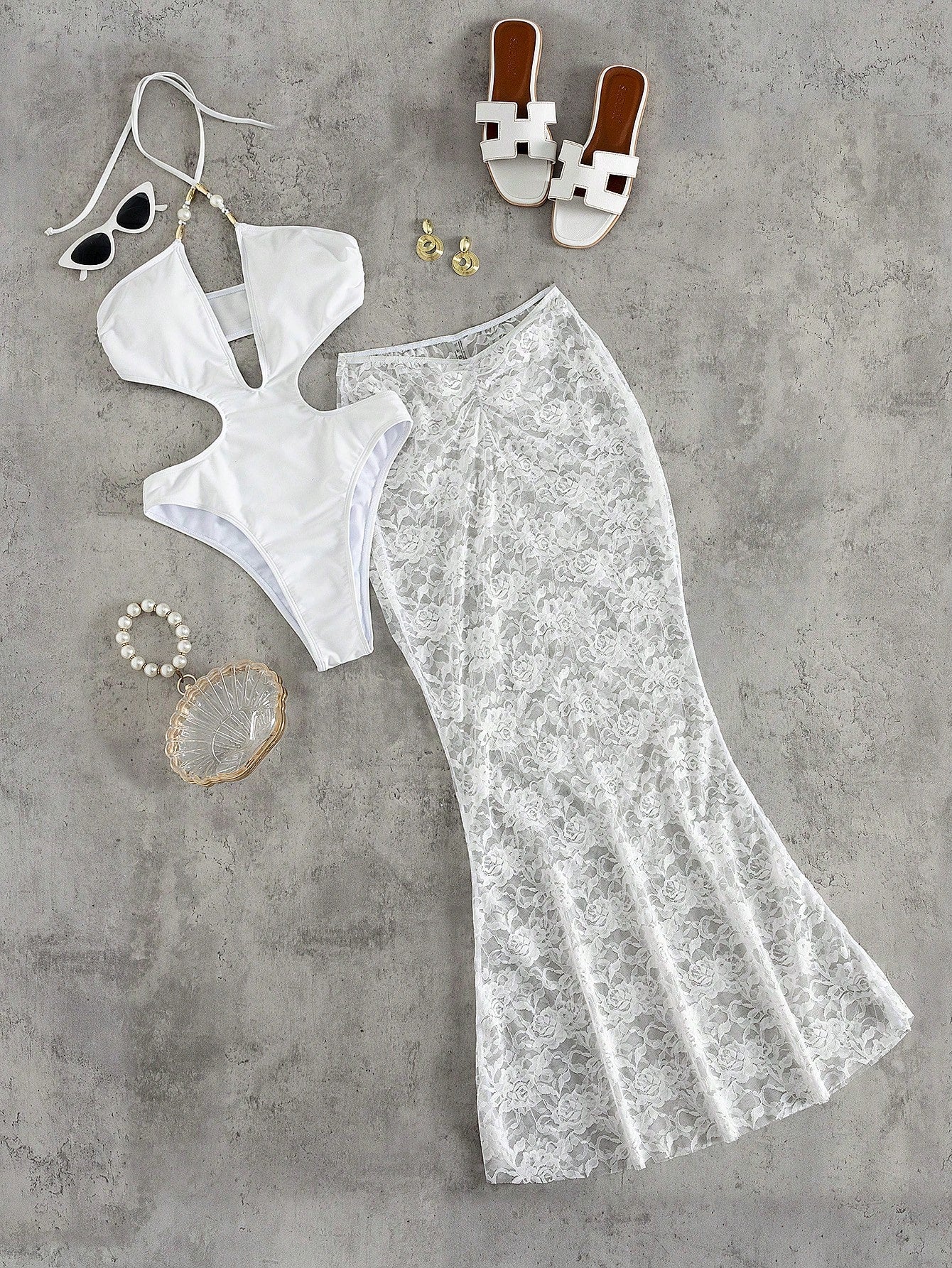 2pcs/Set Elegant Lace Beaded Crisscross Backless Cutout One-Piece Bikini, Vacation Wear For Spring/Summer Beach White