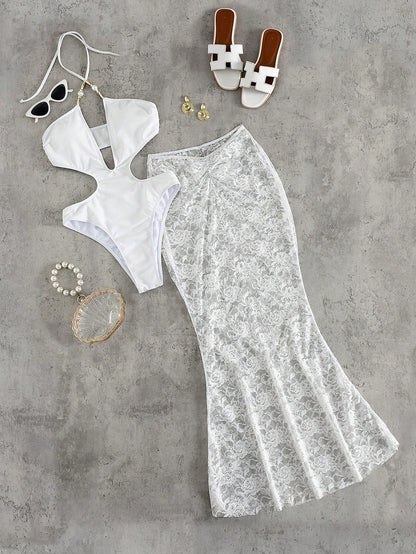 2pcs/Set Elegant Lace Beaded Crisscross Backless Cutout One-Piece Bikini, Vacation Wear For Spring/Summer Beach White