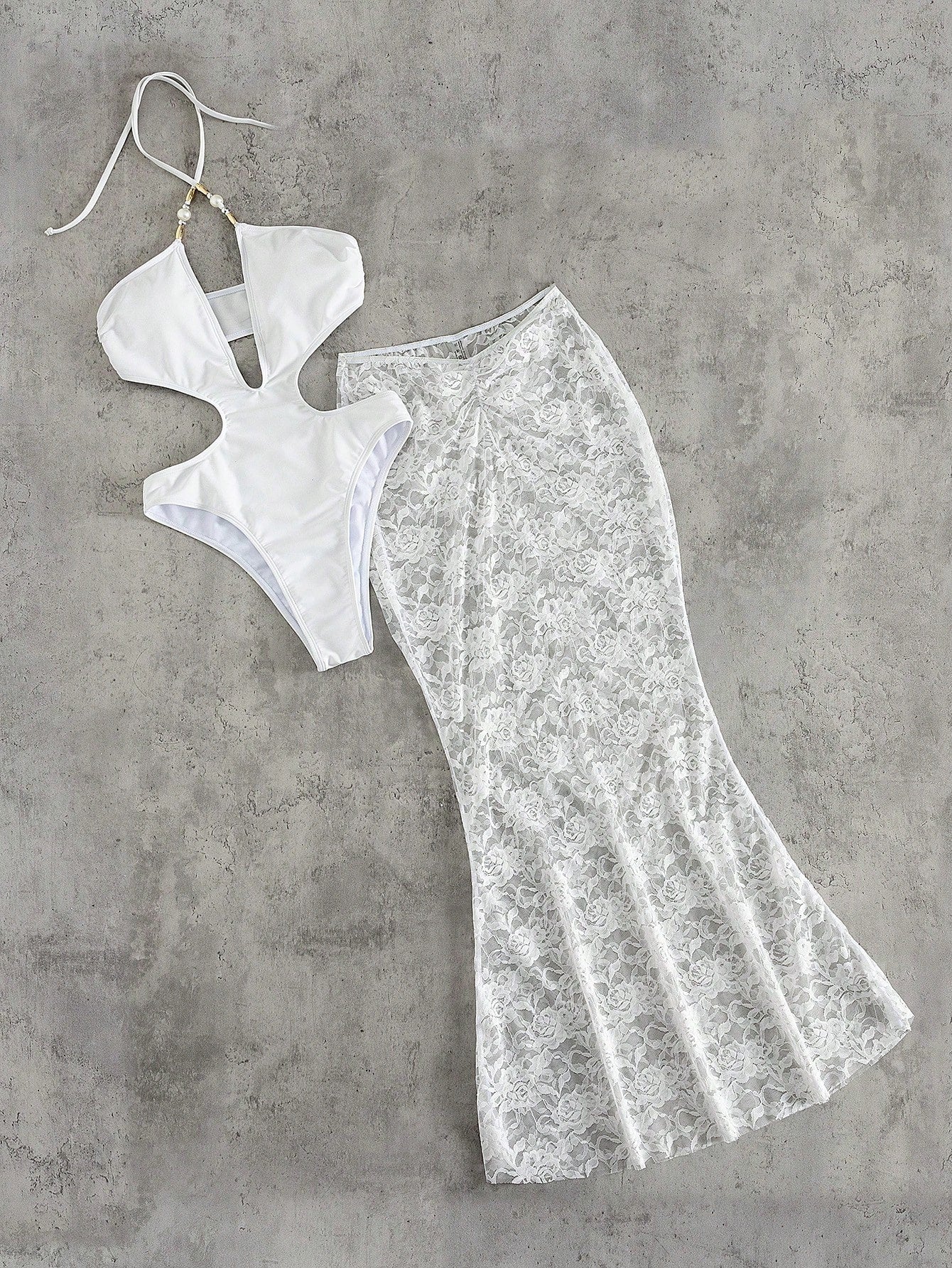 2pcs/Set Elegant Lace Beaded Crisscross Backless Cutout One-Piece Bikini, Vacation Wear For Spring/Summer Beach White